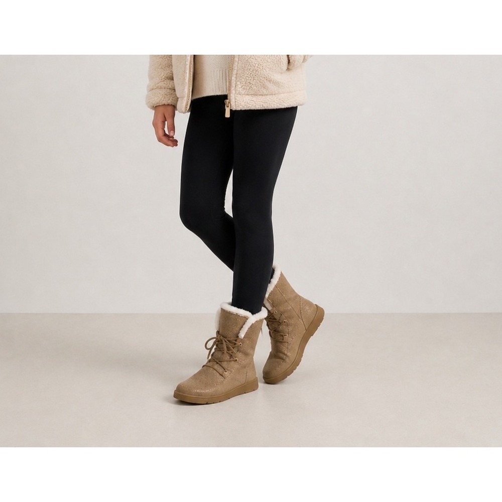 Lands End Slipper Boot Youth Girls 6M Tan Sherpa Lined‎ Lace Up NEW